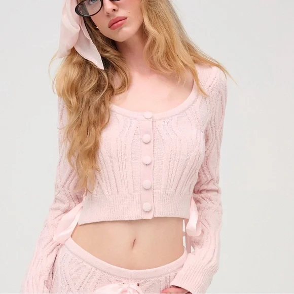 For Love & Lemons Pink Chenille Cable Knit Cardigan, Lace-Up Bows, Size M, NWT - Picture 4 of 5